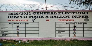The wall of Uganda's Electoral Commission in Kampala, Uganda on January 4, 2021 describes how to mark a ballot paper.